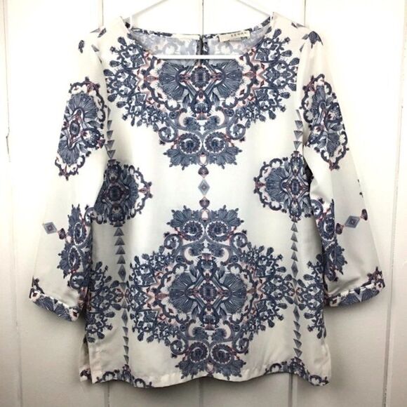 Kenar Floral Blouse 3/4 Sleeve Blue Geometric Design, Size Medium - Picture 1 of 8